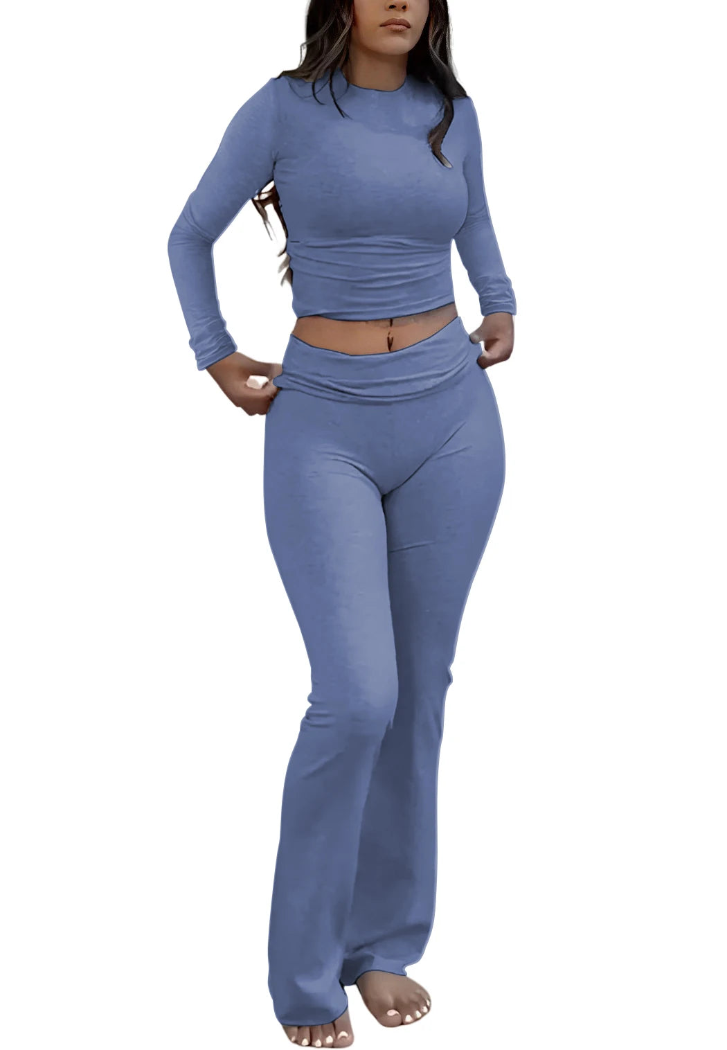 Women Yoga Two Piece Set Long Sleeve Wide Leg Activewear