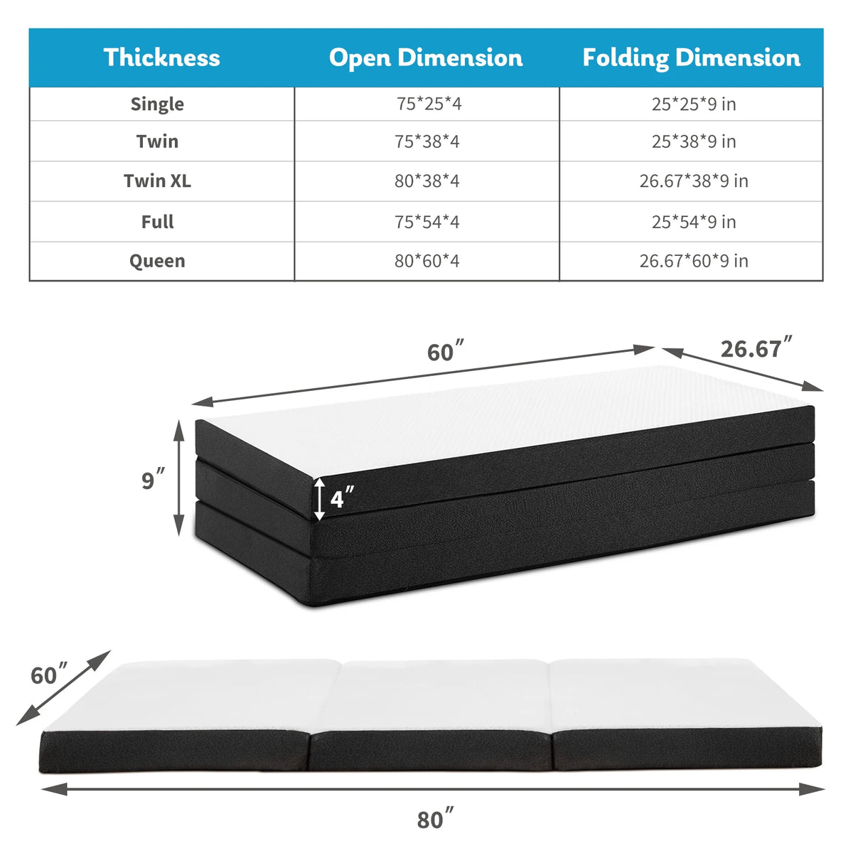 JHK Trifold Memory Foam Portable Floor Bed