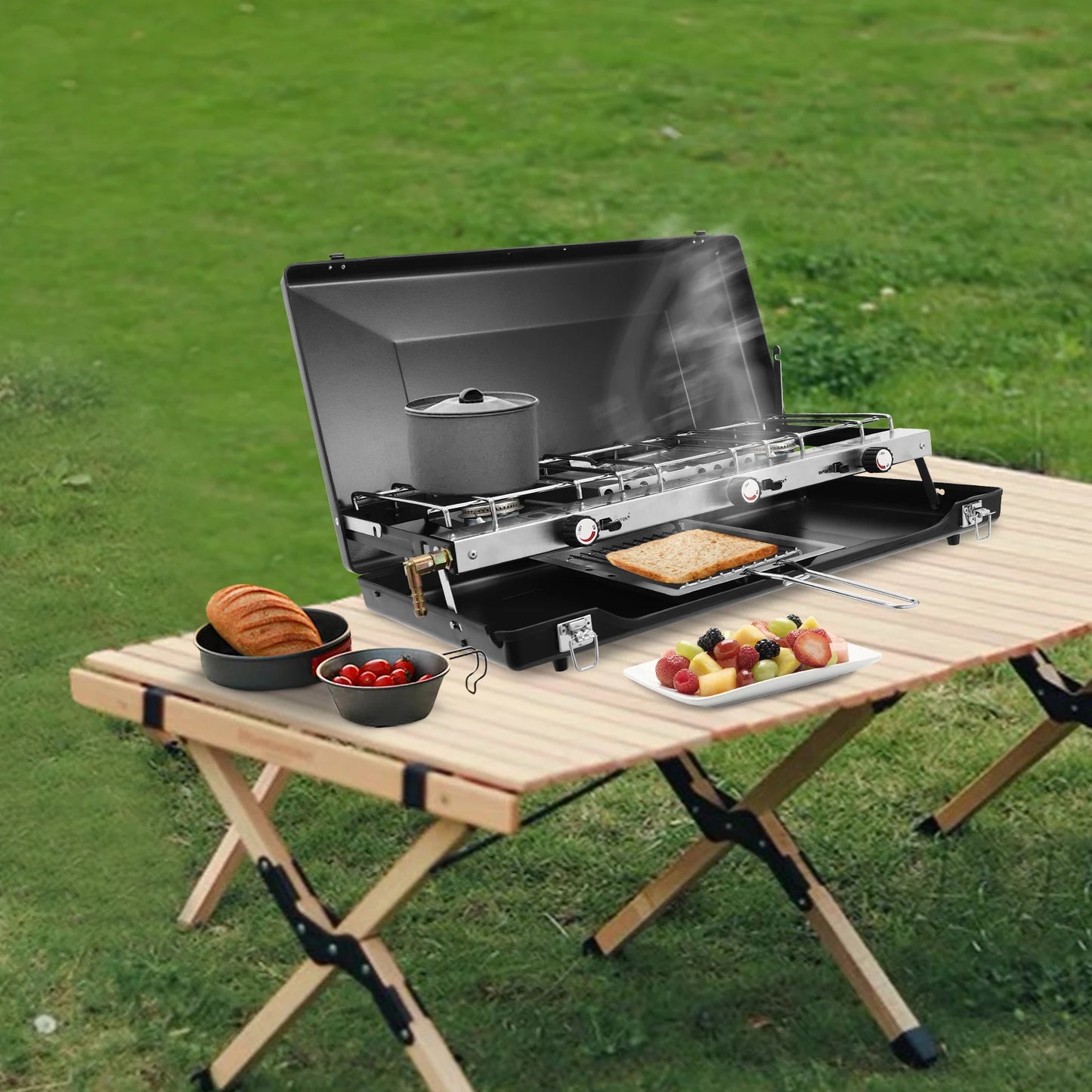 NONE Portable Camping Stove With Griddle 3 Burner Propane