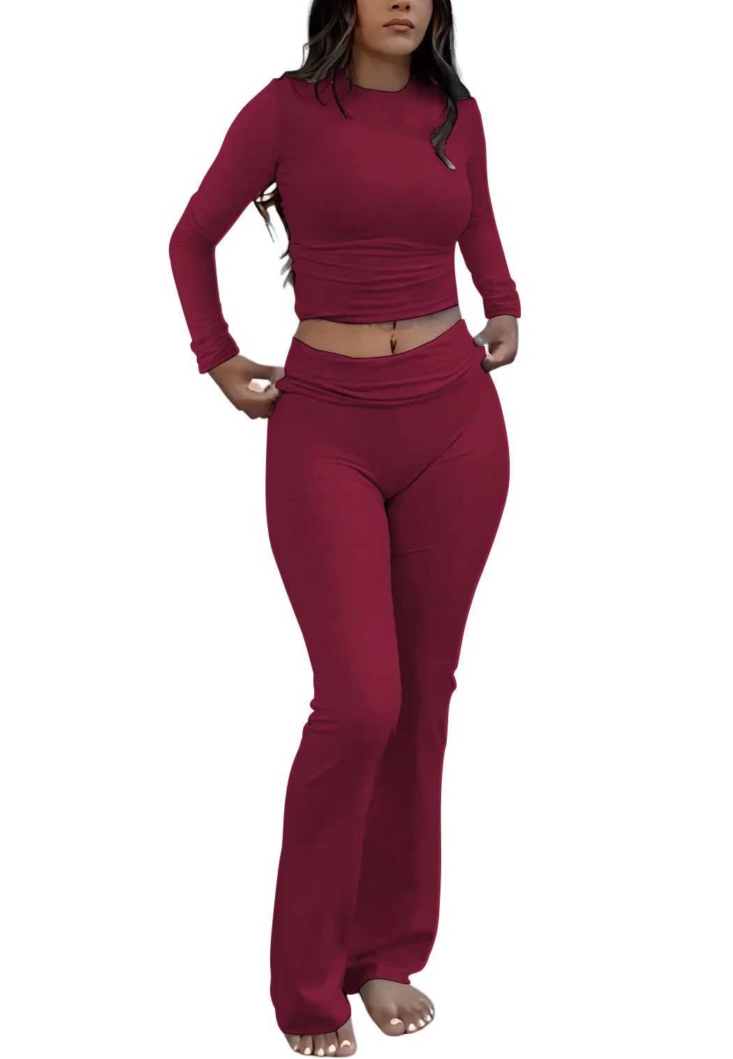 Women Yoga Two Piece Set Long Sleeve Wide Leg Activewear