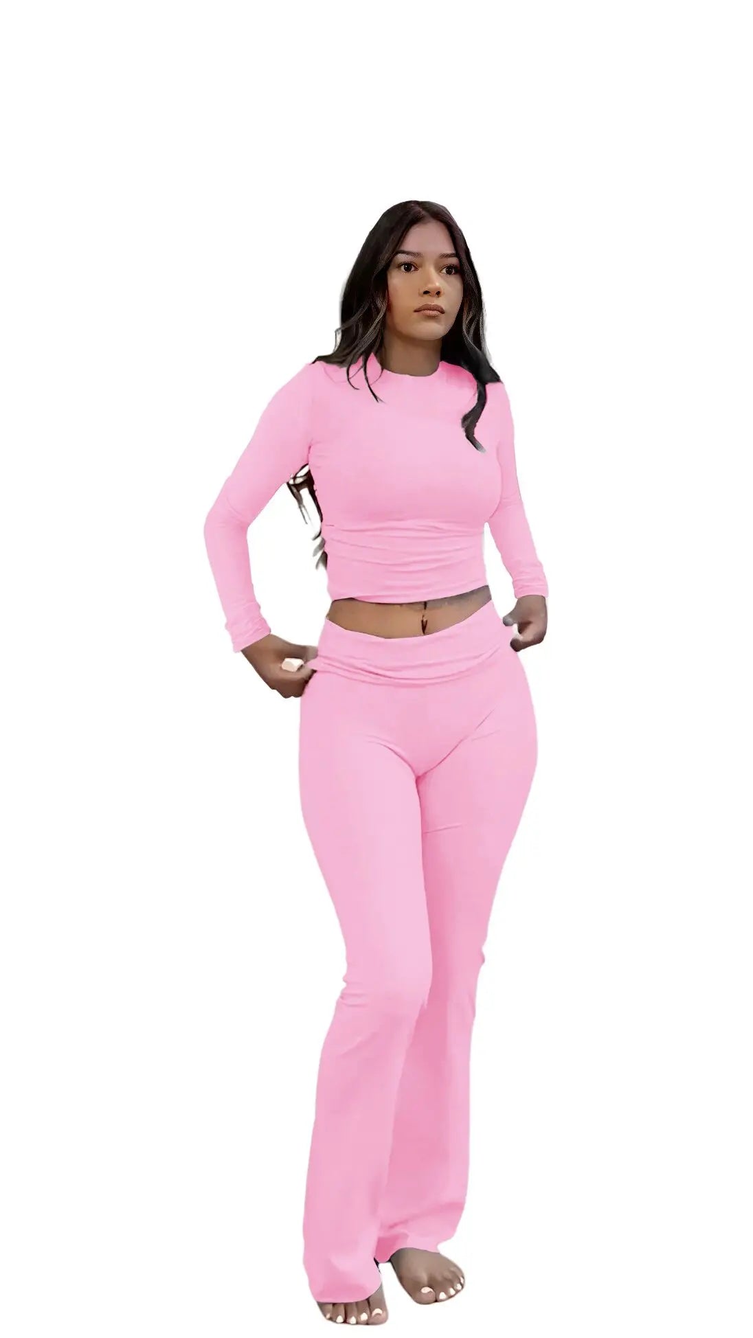 Women Yoga Two Piece Set Long Sleeve Wide Leg Activewear