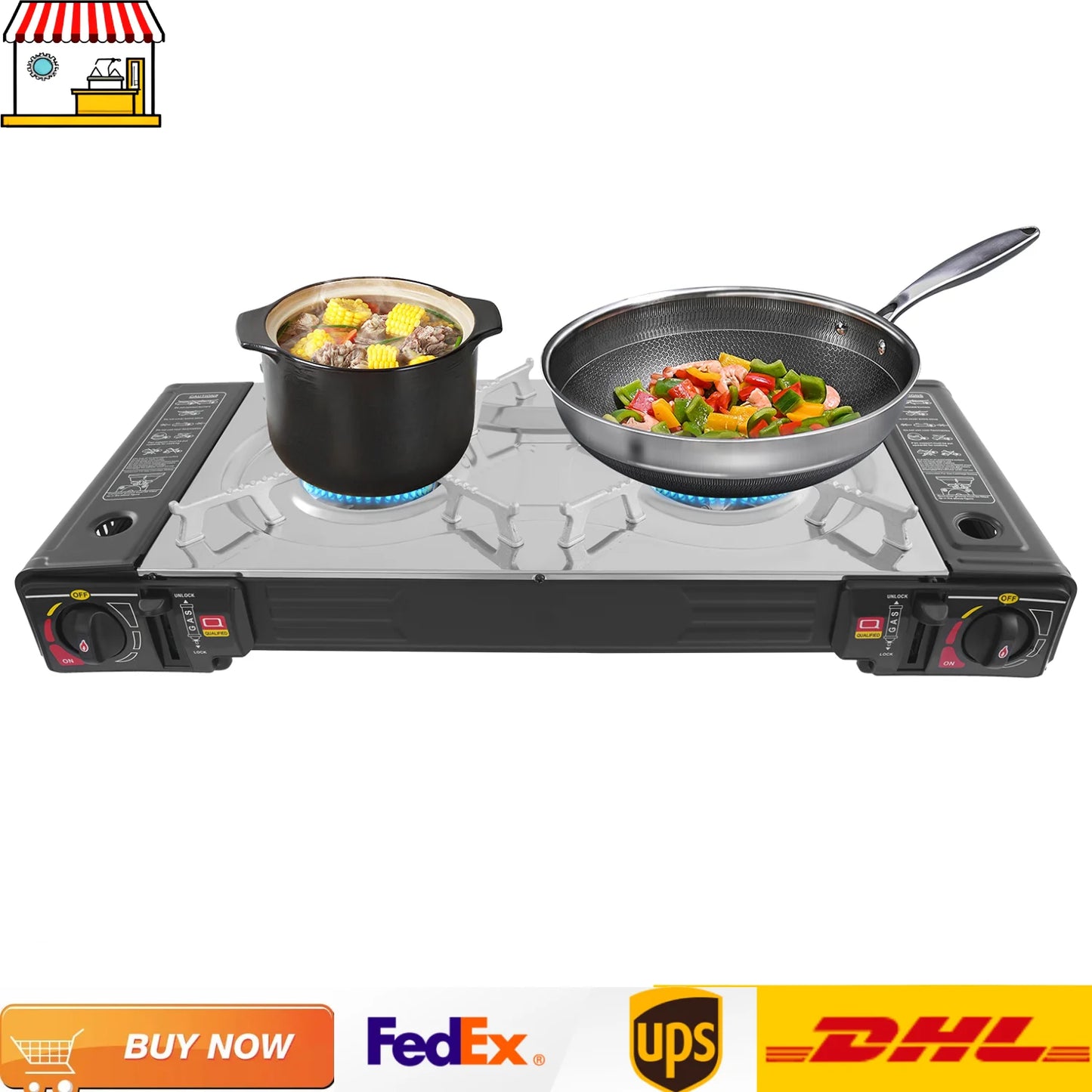 Gas Stove With Grill Pan 2 Burner Camping Stove