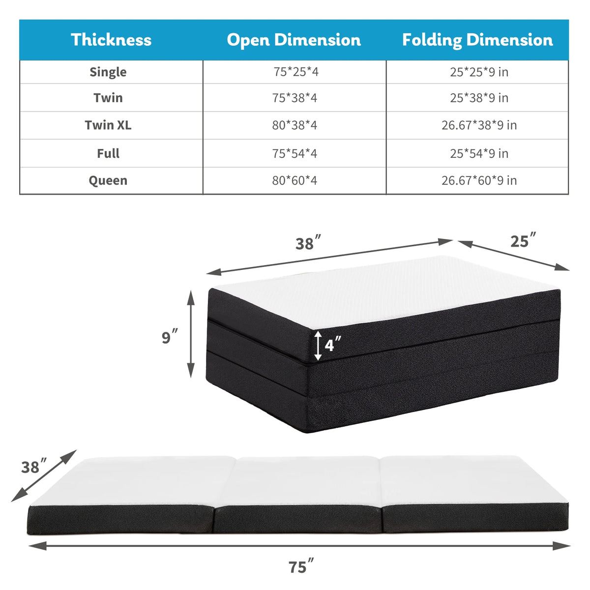 JHK Trifold Memory Foam Portable Floor Bed