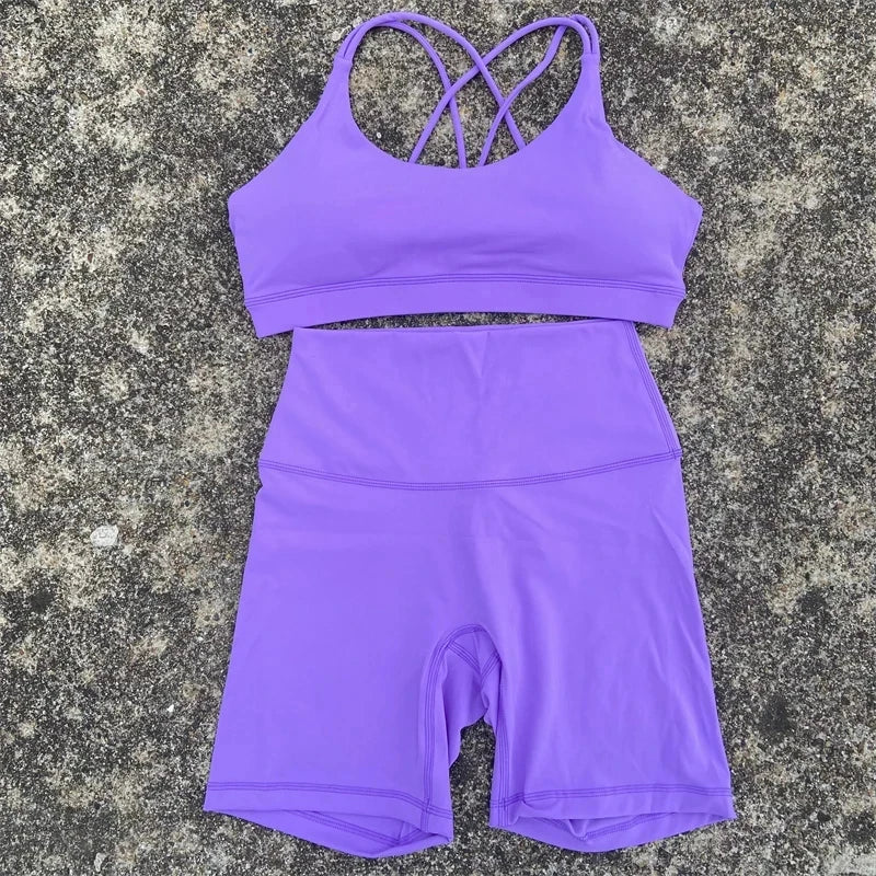 Women's Cross Back Gym Bra And High Waist Shorts Set