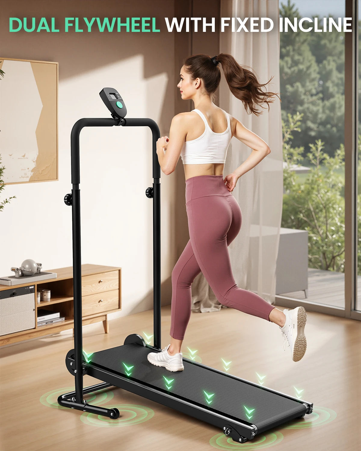 AKLUER Motorless Treadmill With LCD Monitor And Dual Flywheel