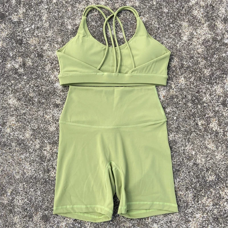 Women's Cross Back Gym Bra And High Waist Shorts Set