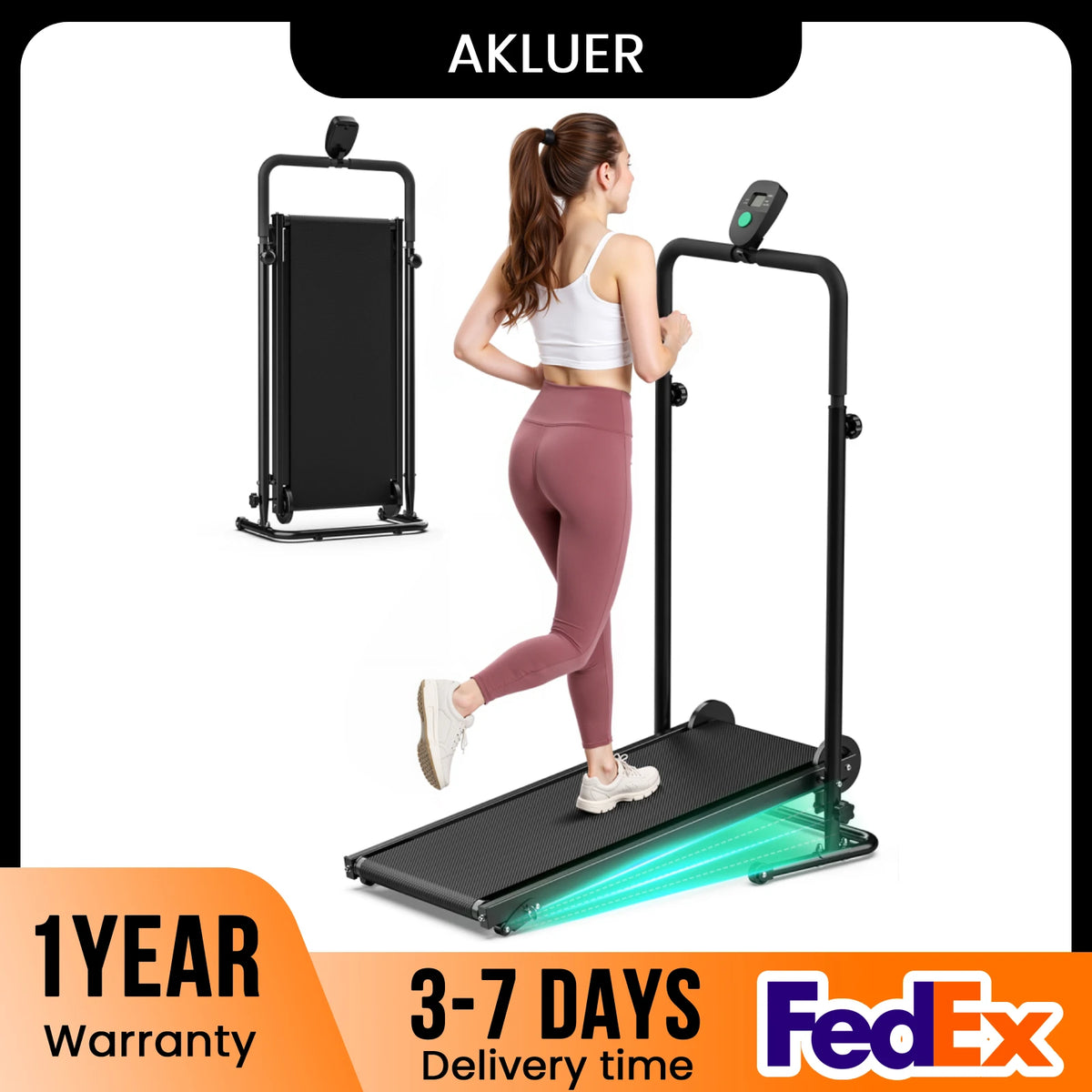 AKLUER Motorless Treadmill With LCD Monitor And Dual Flywheel
