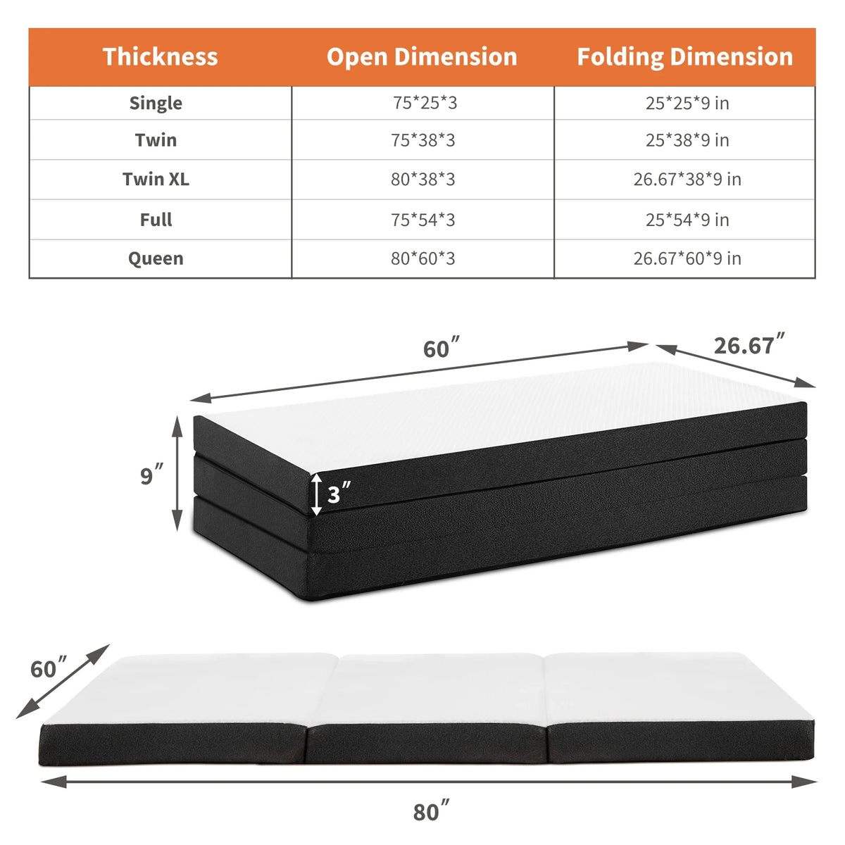 JHK Trifold Memory Foam Mattress With Washable Cover