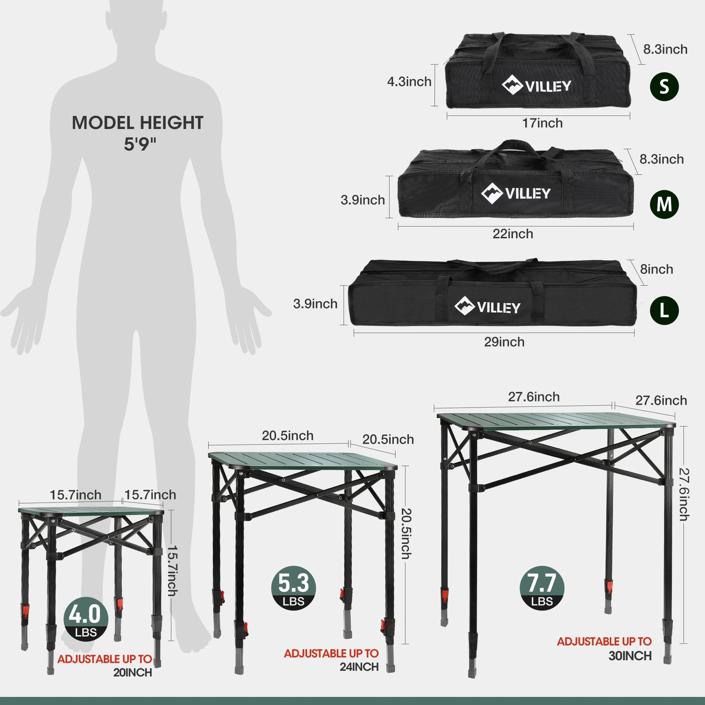 VILLEY Folding Camping Table Aluminum Lightweight Carry Bag