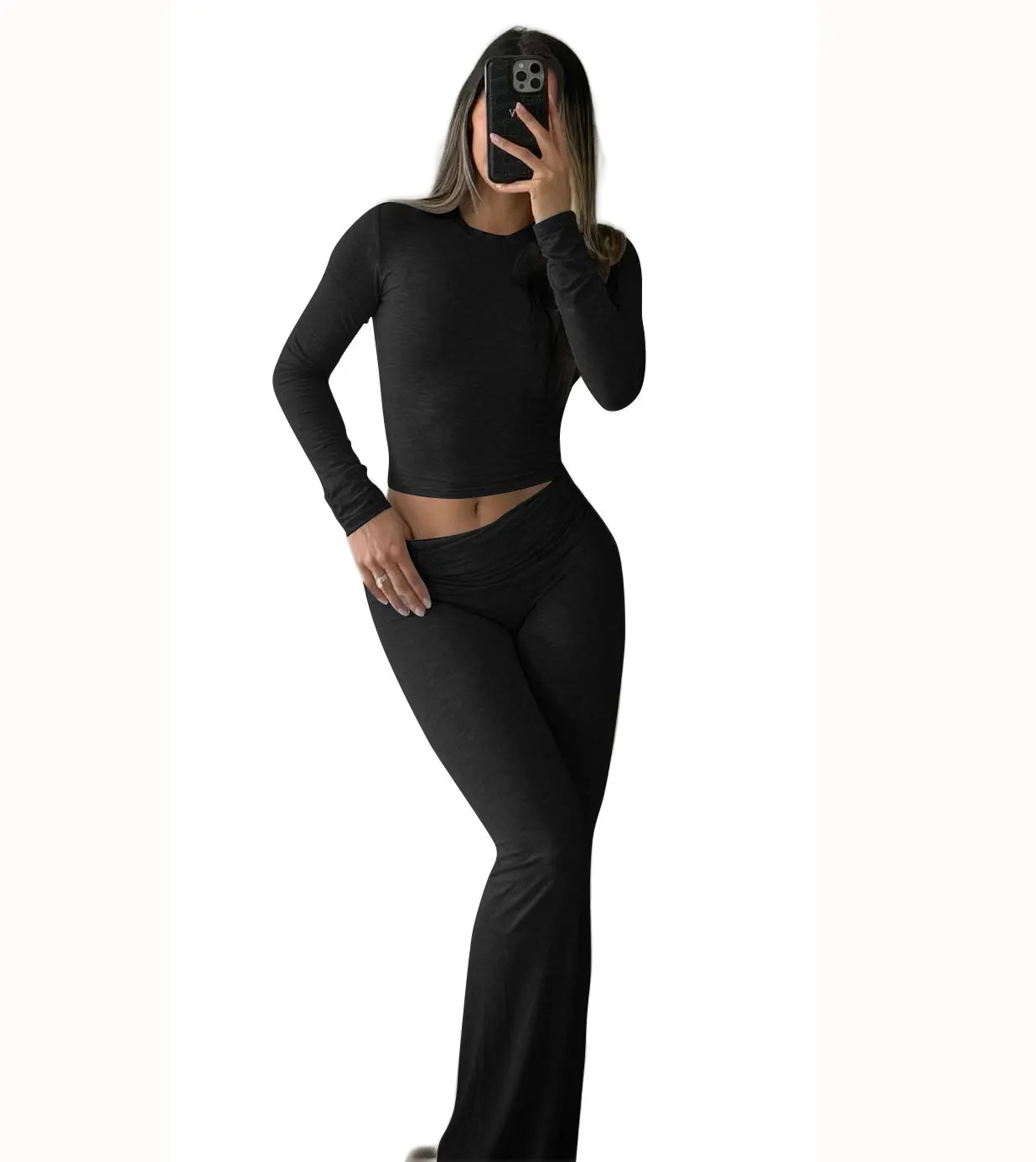 Women Yoga Two Piece Set Long Sleeve Wide Leg Activewear