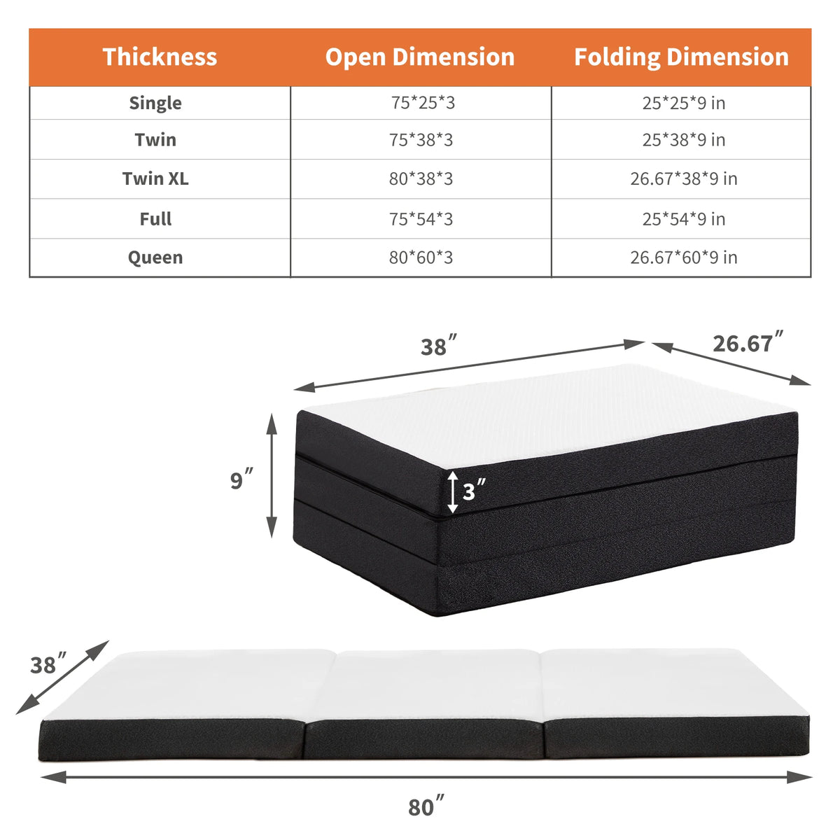 JHK Trifold Memory Foam Portable Floor Bed