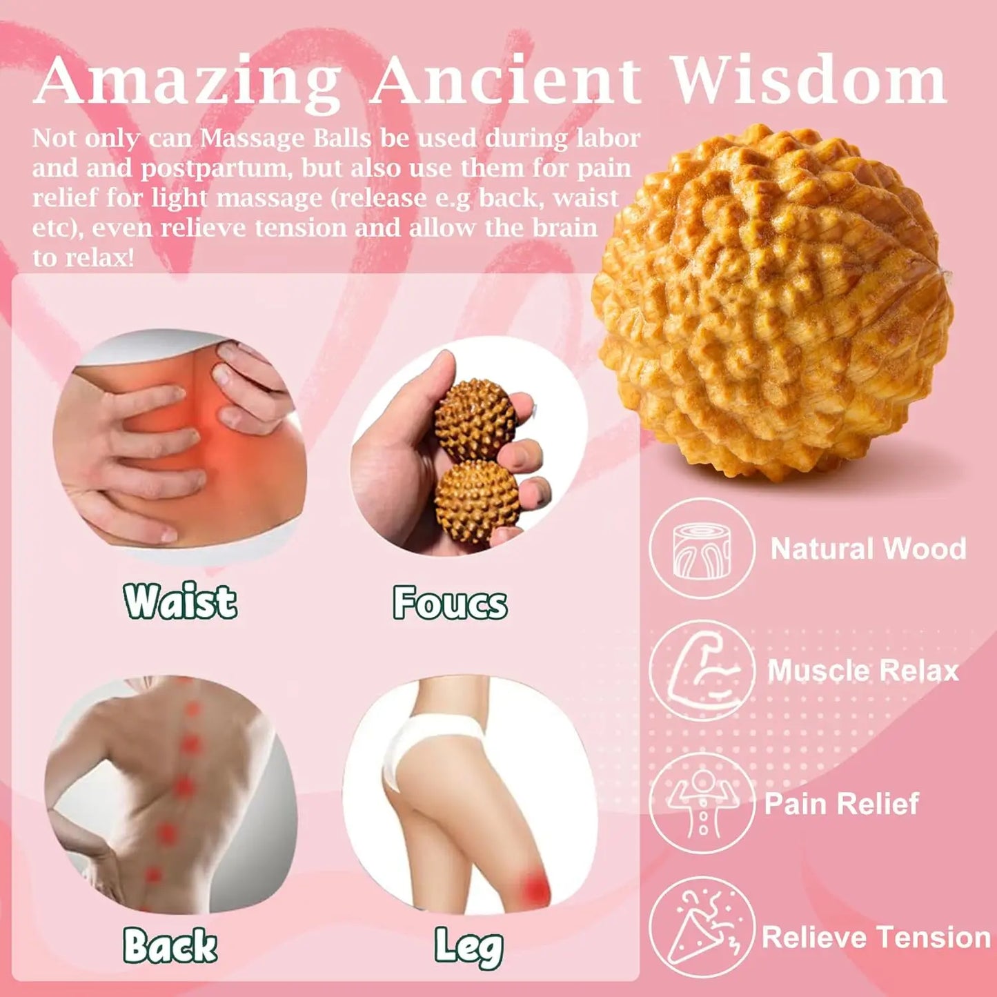Wooden Massage Ball Acupressure 2 Pack for Labor Pain Relief