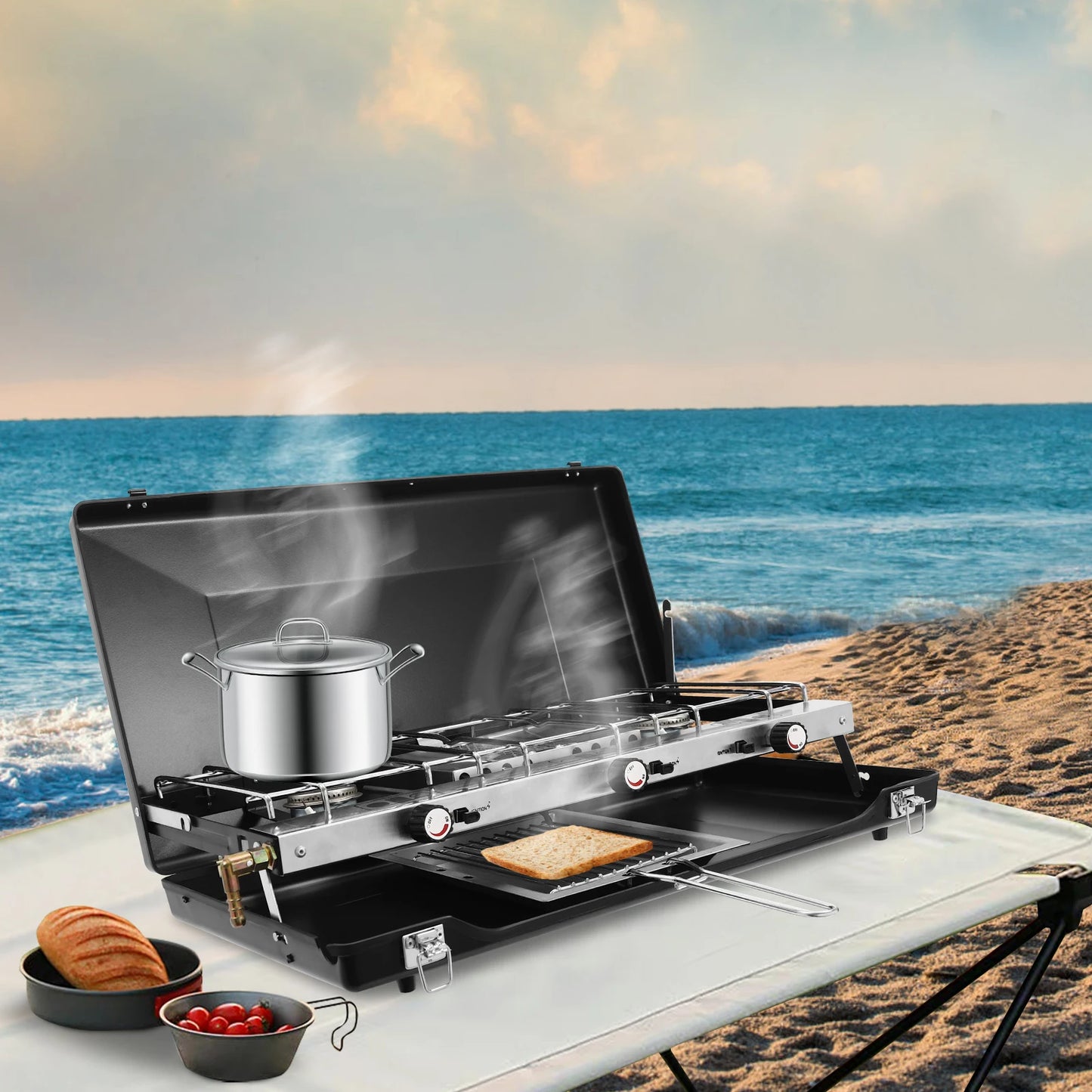 NONE Portable Camping Stove With Griddle 3 Burner Propane